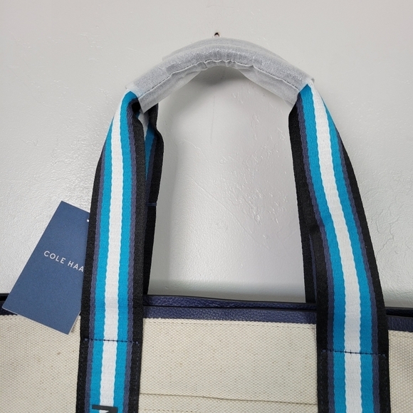 Cole Haan NWT Summer Canvas Tote Natural Navy Grand Series Leather Trim - Picture 4 of 12